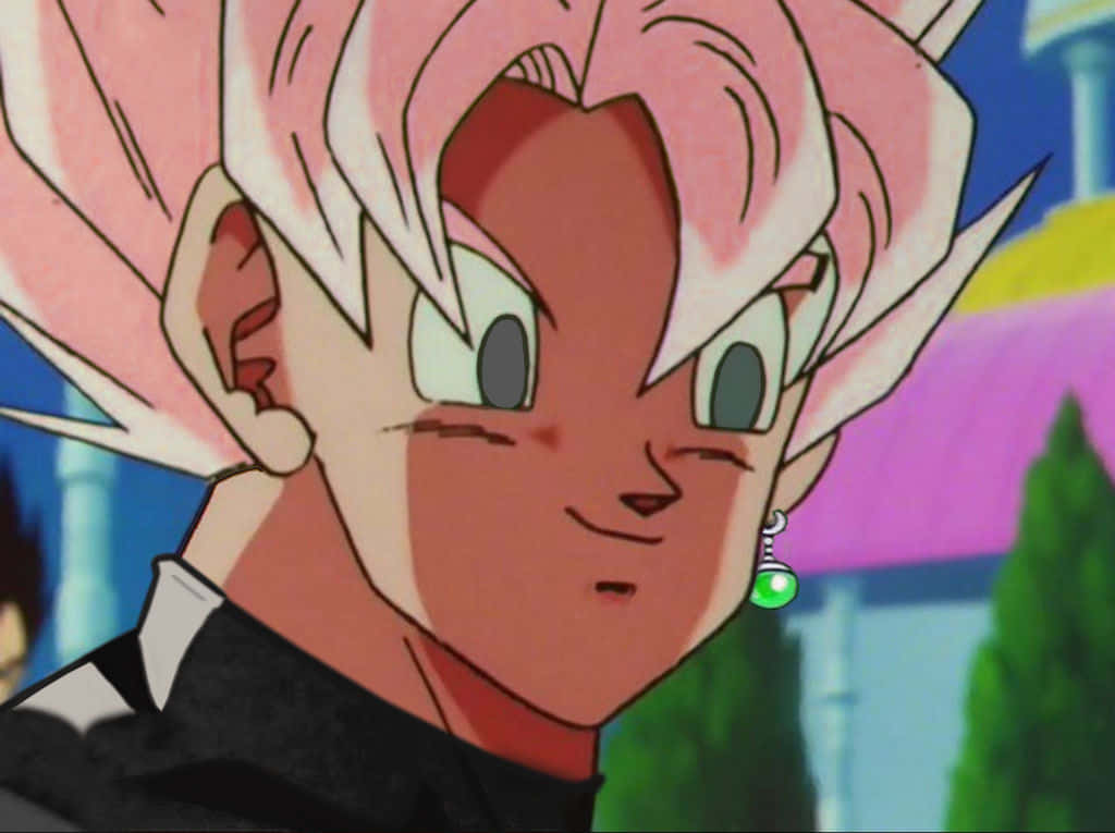 Funny Goku 桌布 壁紙 — 粉紅色頭髮、綠色眼睛、戴著綠色耳環的動漫角色自信微笑的特寫。
