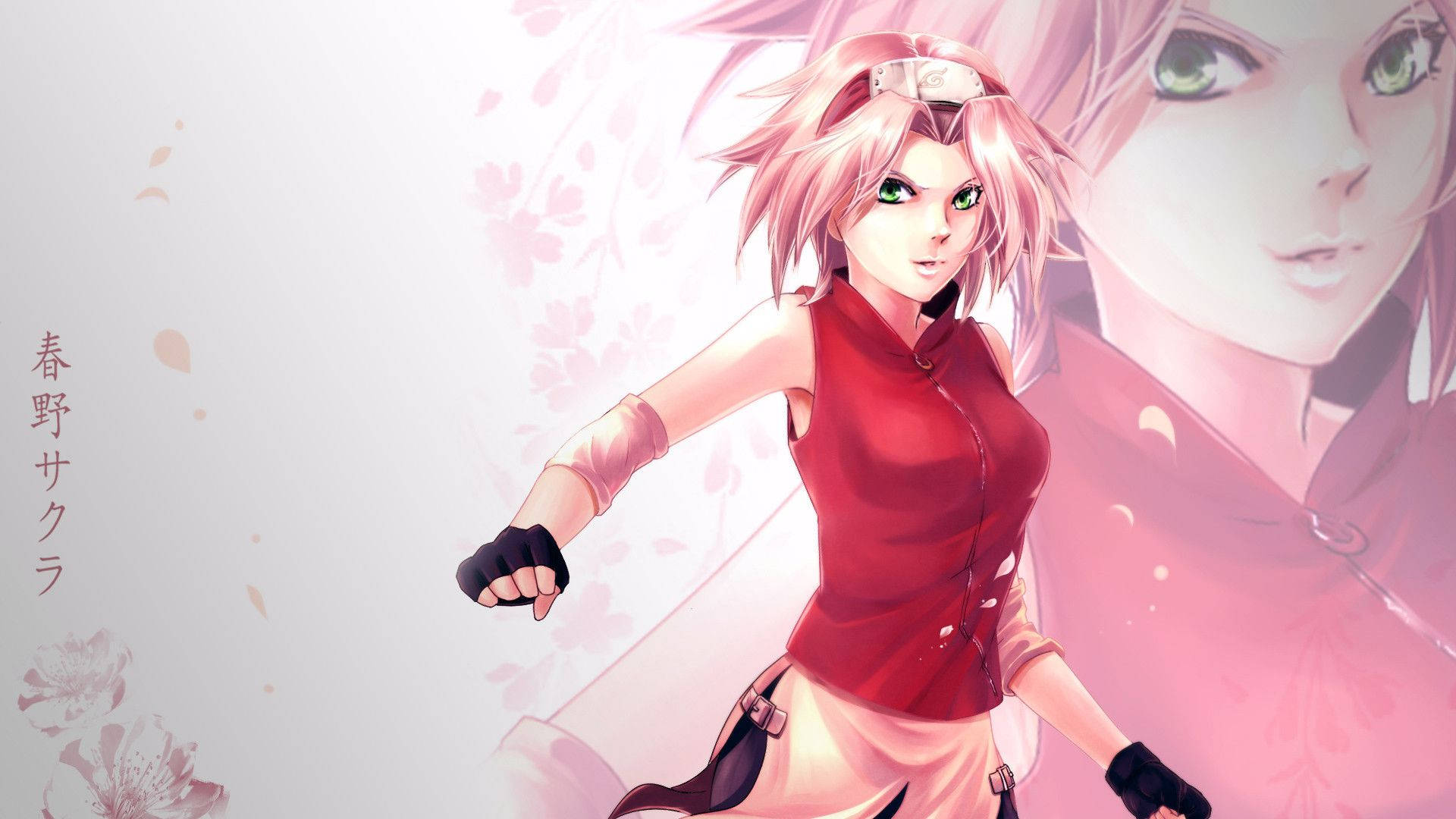 Sakura Haruno 桌布 壁紙 — 粉紅色頭髮、綠色眼睛的動漫女孩，穿著紅色服裝，在柔和的粉紅色櫻花背景下動態站立。