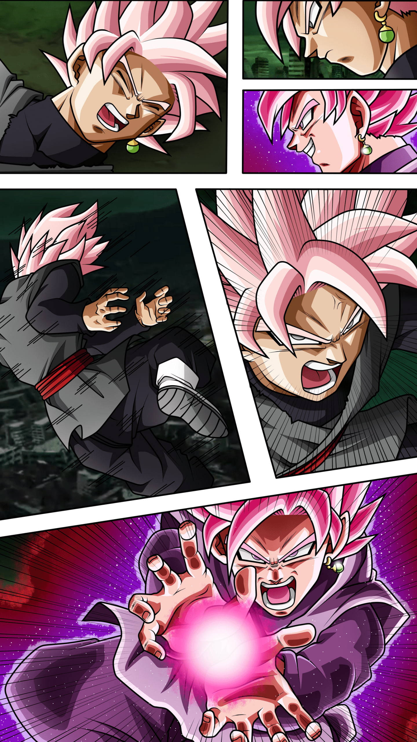 Panel 桌布 壁紙 — 粉紅色頭髮、黑色服裝的動漫角色在動態漫畫格中釋放出發光的粉紅色能量球。