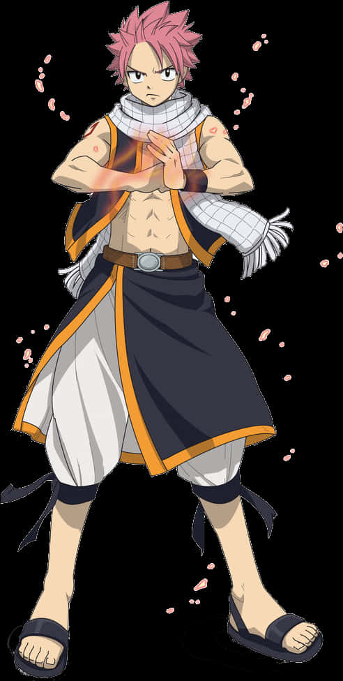 Natsu 桌布 壁紙 — 粉紅色頭髮和圍巾的動漫角色在黑色背景下以動態姿勢引導魔法能量。