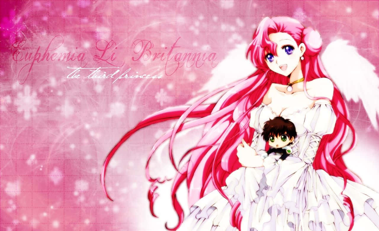Euphemia Li Britannia 桌布 壁紙 — 粉紅色頭髮和天使翅膀的動漫公主在閃閃發光的粉紅色背景前抱著一個小男孩。