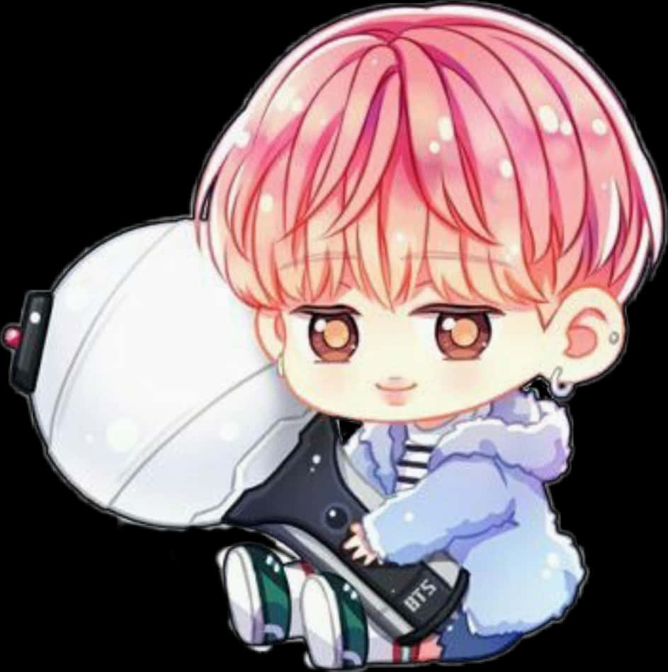 Anime Chibi 桌布 壁紙 — 粉紅色頭髮和棕色眼睛的Q版動漫男孩，拿著白色頭盔和帶有BTS標誌的黑色袋子。