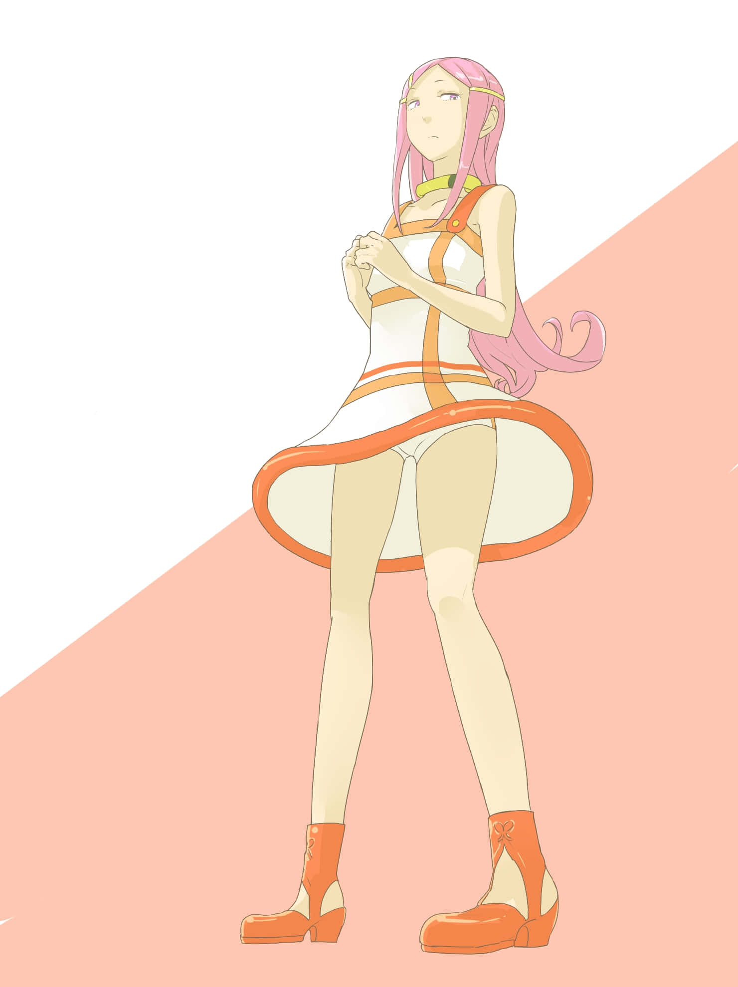 Eureka Seven Anemone 桌布 壁紙 — 粉紅色頭髮和橙色連衣裙的動漫女孩站在分開的粉紅色和白色背景前。