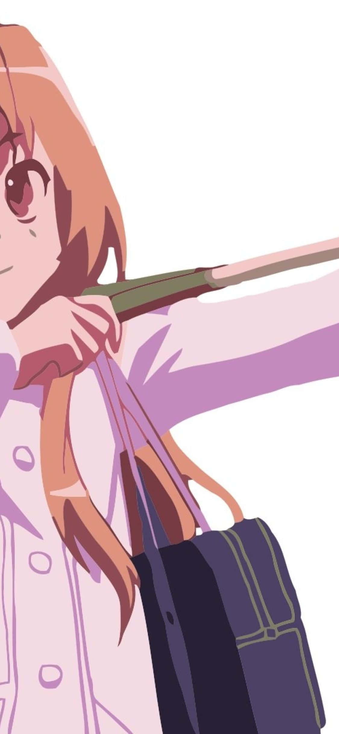 動漫女孩 桌布 壁紙 — 粉紅色頭髮和紫色眼睛的動漫女孩在純白色背景上拿著一個深色袋子。