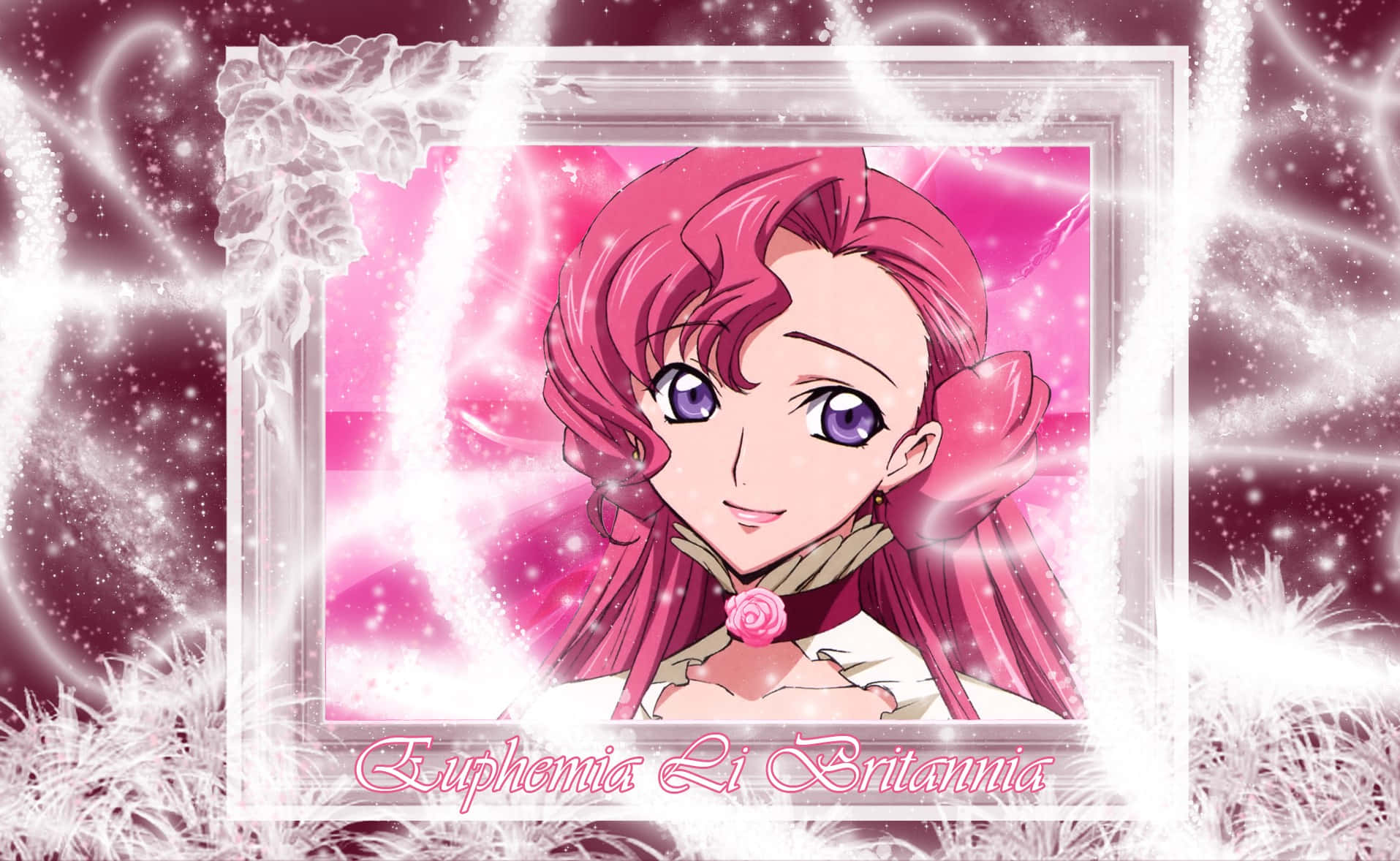 Euphemia Li Britannia 桌布 壁紙 — 粉紅色頭髮和紫色眼睛的動漫女孩在閃爍的粉紅色和白色背景上，在發光的白色框架內溫暖地微笑。