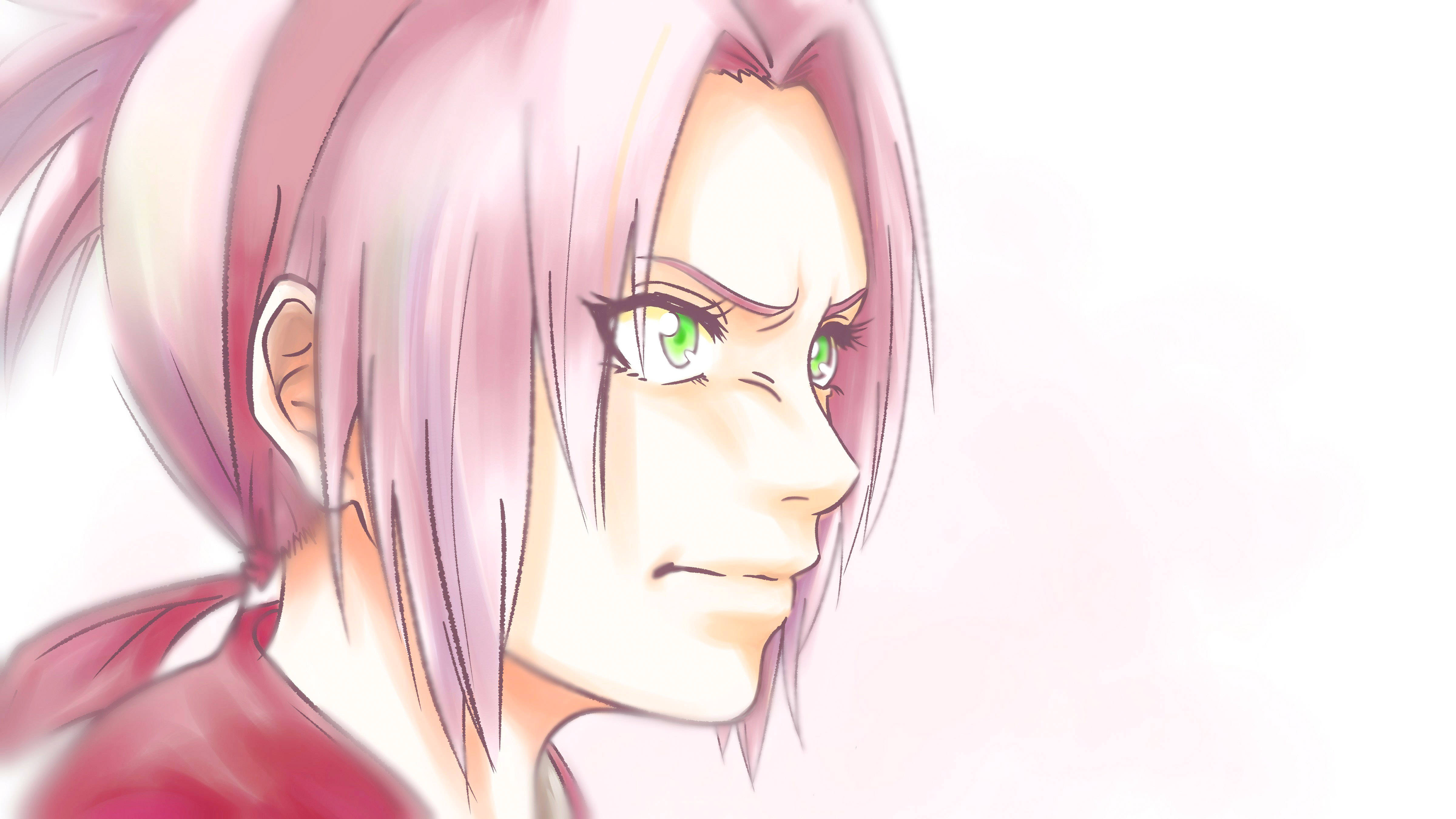 Sakura Haruno 桌布 壁紙 — 粉紅色頭髮和綠色眼睛的動漫女孩在柔和的白色背景下側面凝視。