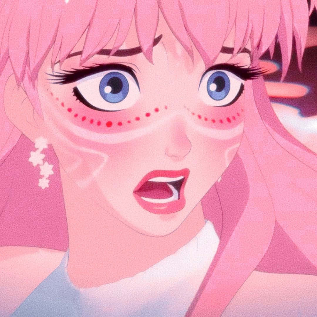 美女與野獸 桌布 壁紙 — 粉紅色頭髮和藍色眼睛的動漫女孩特寫，帶有紅色點狀腮紅和星星耳環，表情驚訝。