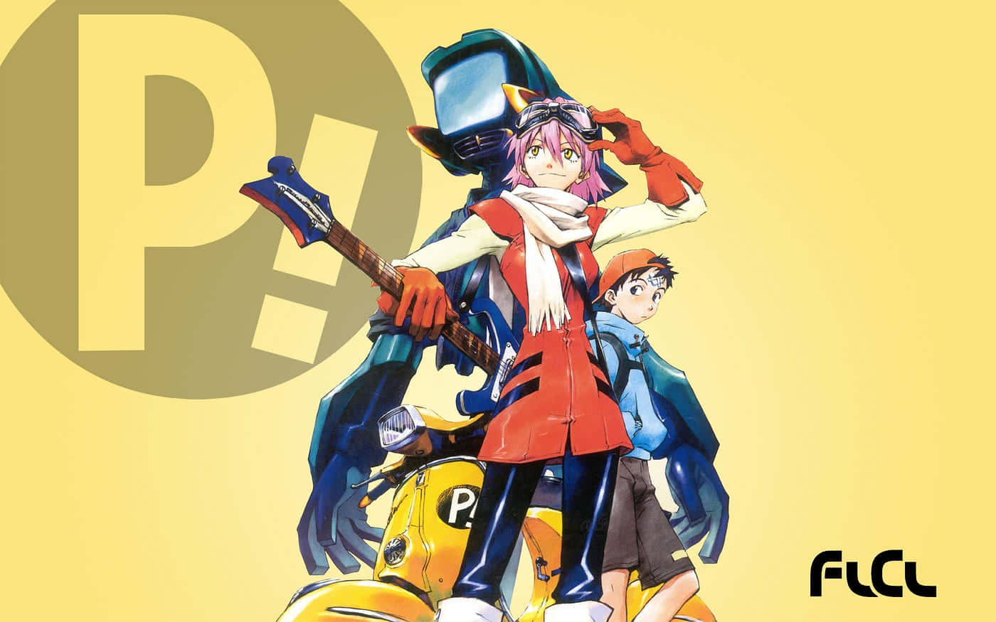 FLCL 桌布 壁紙 — 粉紅色頭髮和頭盔的動漫角色在黃色背景上騎著黃色摩托車，背景有一個大型P!標誌。