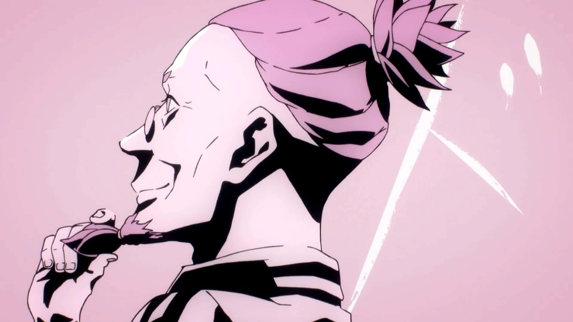 Death Parade 桌布 壁紙 — 粉紅色頭髮和黑色條紋的動漫角色在柔和的粉紅色背景上微笑著拿著劍。