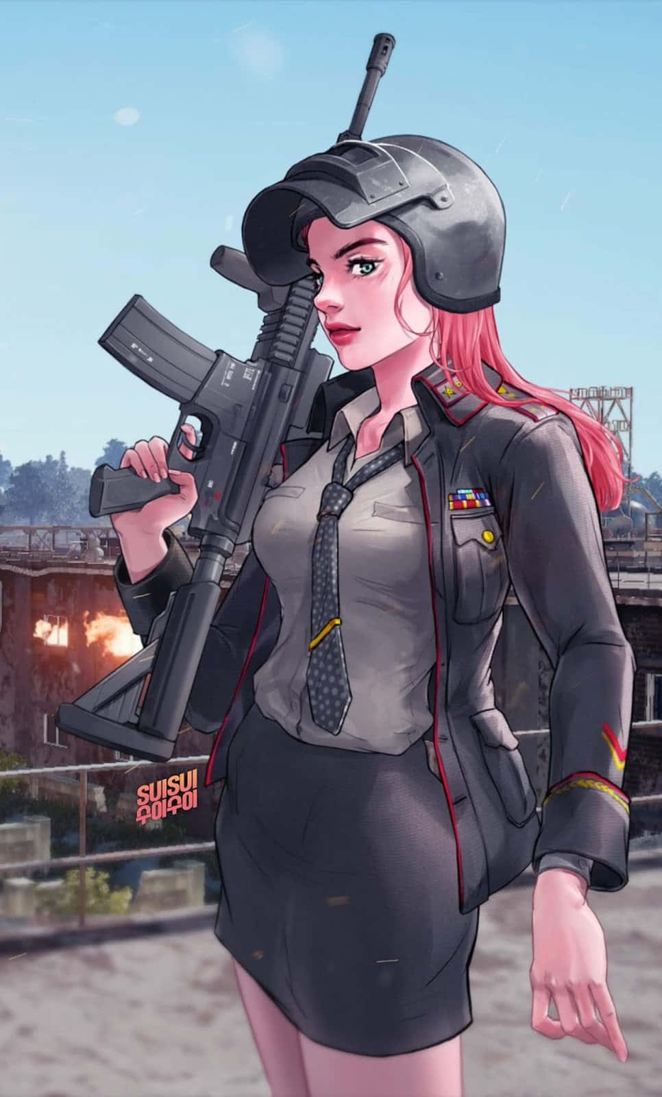 pubg 4K gaming 桌布 壁紙 — 粉紅色頭髮的動漫士兵穿著制服，在晴朗的天空下，以戰爭摧殘的城市為背景，手持步槍。