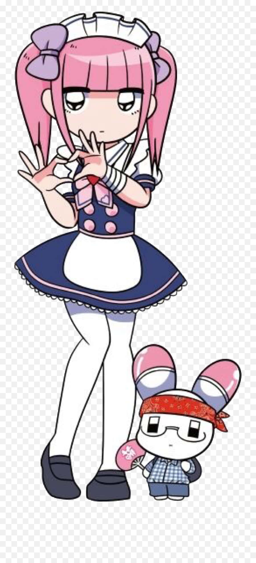 Yami Kawaii 桌布 壁紙 — 粉紅色頭髮的動漫女僕和一個小兔子角色以可愛的Q版風格一起擺姿勢。