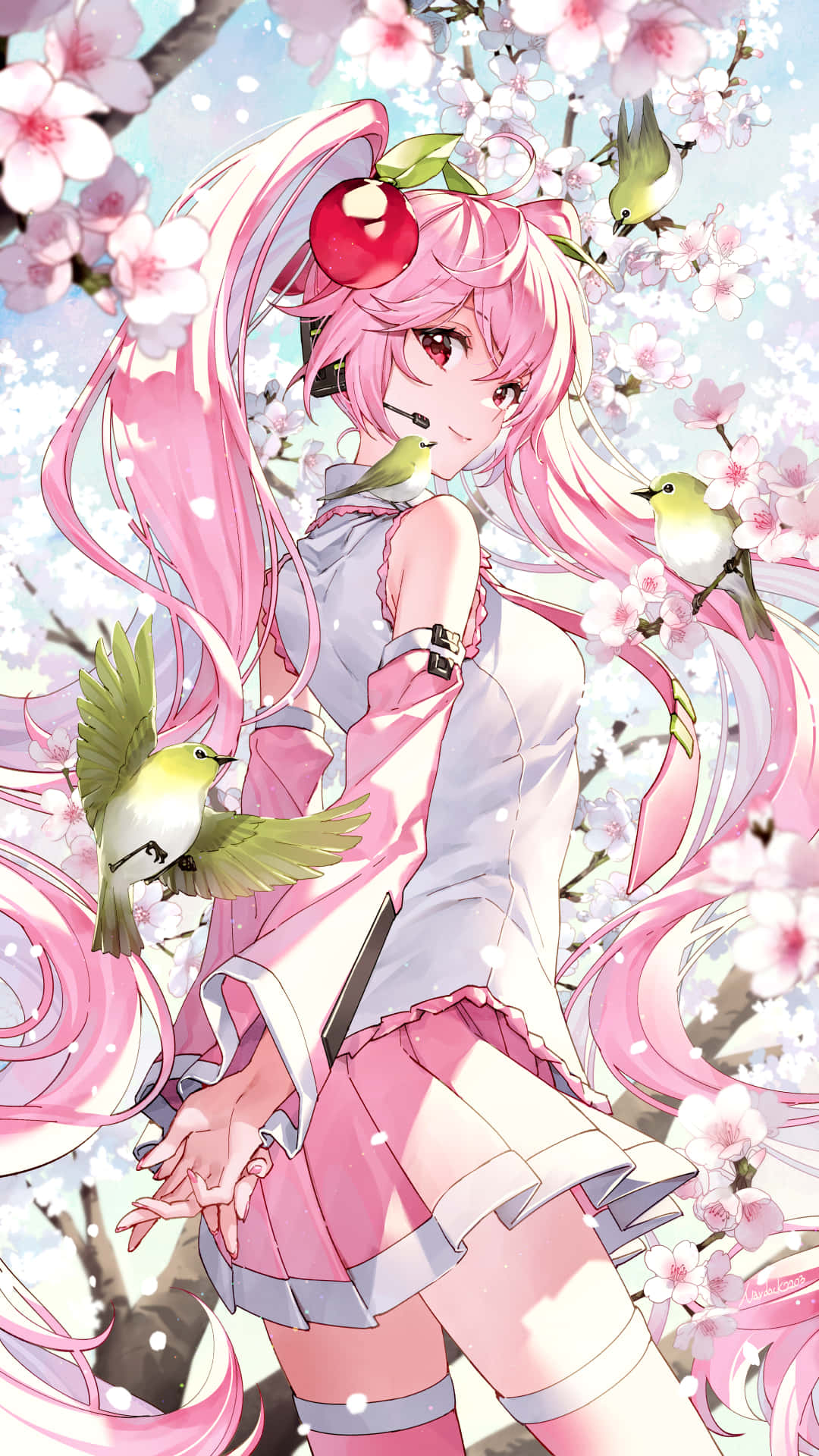 Sakura Miku 桌布 壁紙 — 粉紅色頭髮的動漫女孩、櫻花和鳥兒在明亮的春天場景中。