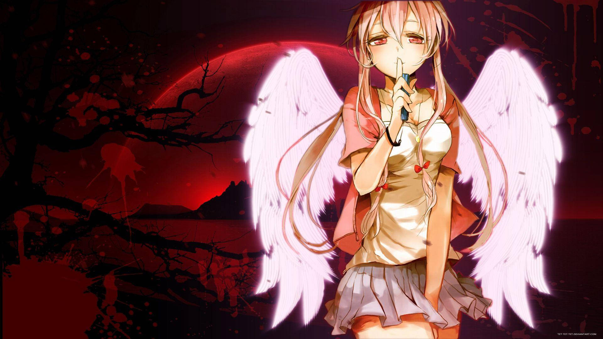 Yuno 桌布 壁紙 — 粉紅色頭髮的動漫女孩，白色翅膀，在血紅色的月亮和黑暗的樹木前將手指放在嘴唇上。