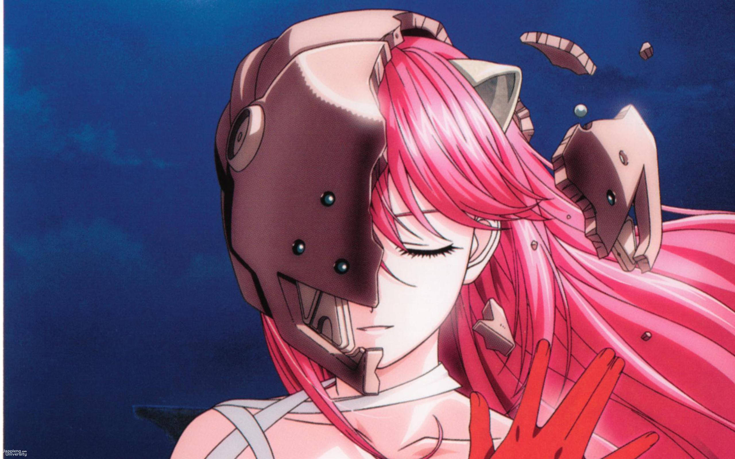 Elfen Lied 桌布 壁紙 — 粉紅色頭髮的動漫女孩，破損的機械頭盔和漂浮的碎片，背景為深藍色。