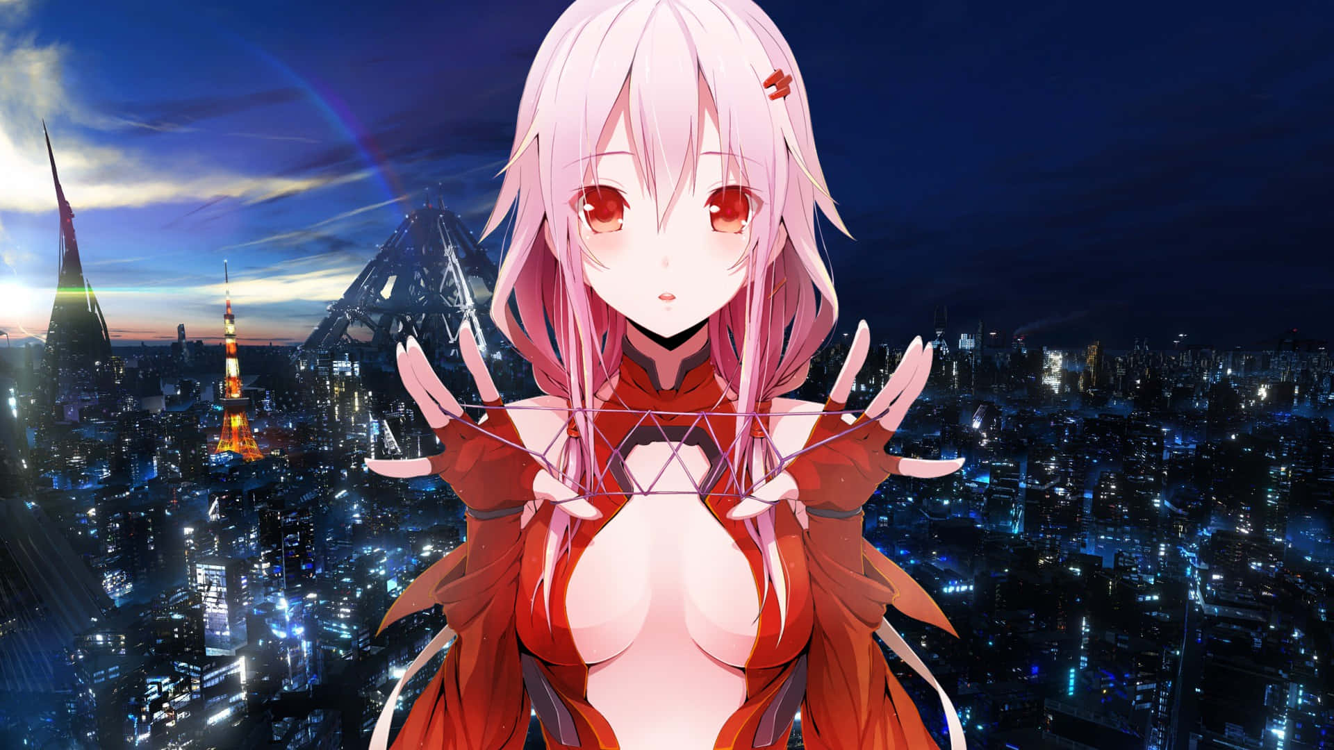 Guilty Crown 桌布 壁紙 — 粉紅色頭髮的動漫女孩，紅色眼睛，在黃昏時站在發光的東京天際線前。