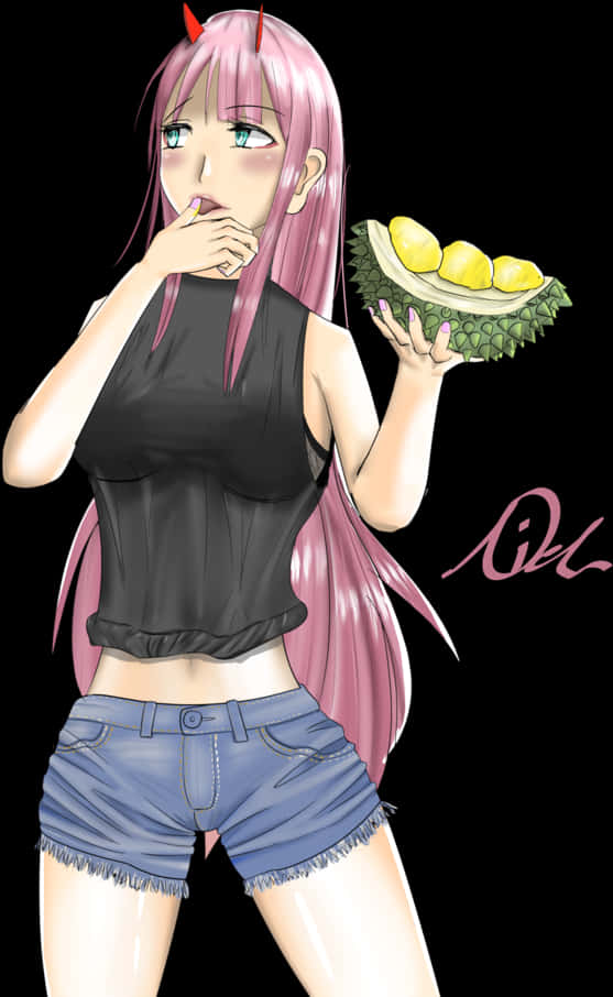 動漫女孩 桌布 壁紙 — 粉紅色頭髮的動漫女孩，頭上有細小的紅色角，在黑色背景中拿著榴槤水果，同時咬著手指。