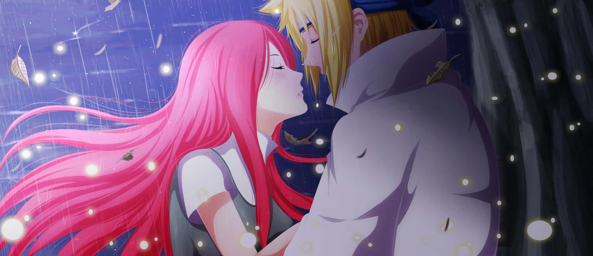 Kushina Uzumaki 桌布 壁紙 — 粉紅色頭髮的動漫女孩和金色頭髮的男孩在星光閃爍的雨夜下親吻，周圍有發光的粒子。