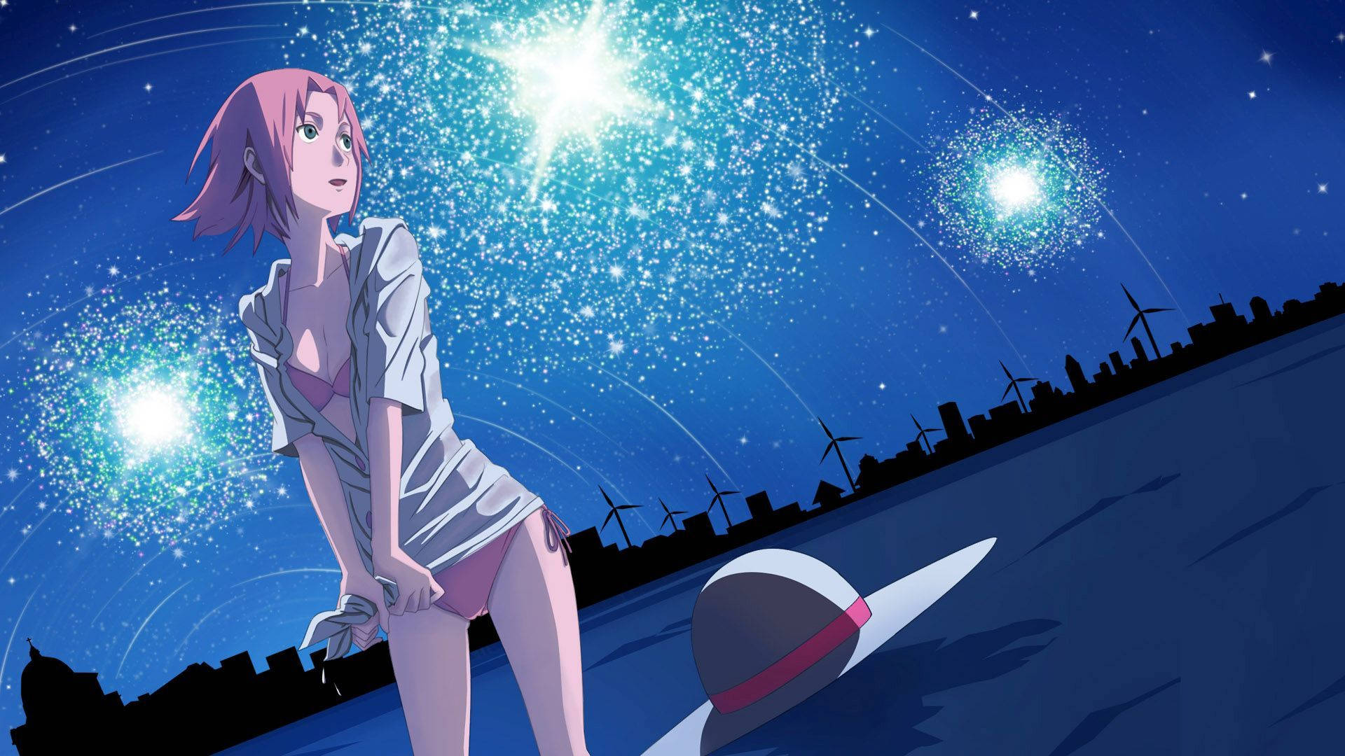 Sakura Haruno 桌布 壁紙 — 粉紅色頭髮的動漫女孩在夜晚站在水邊，閃爍的星空下，城市和風力渦輪機的剪影。