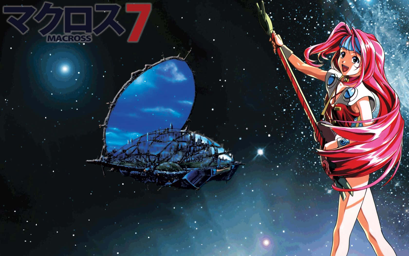 Macross 桌布 壁紙 — 粉紅色頭髮的動漫女孩在太空中的太空船旁邊揮舞長矛，太空船有一個發光的藍色傳送門。