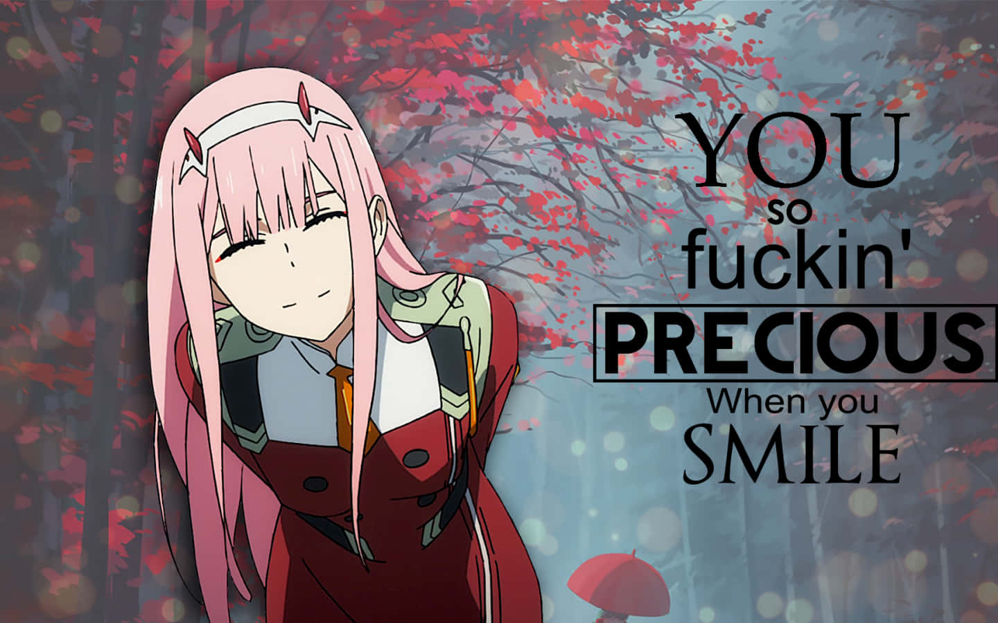 DARLING in the FRANXX 桌布 壁紙 — 粉紅色頭髮的動漫女孩在紅葉林中溫柔微笑，帶有文字疊加。