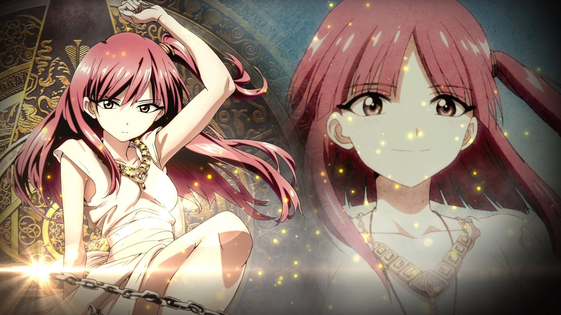 magi the kingdom of magic 桌布 壁紙 — 粉紅色頭髮的動漫女孩在華麗的金色背景上，伴隨著發光的粒子，在動態姿勢旁邊溫柔地微笑。