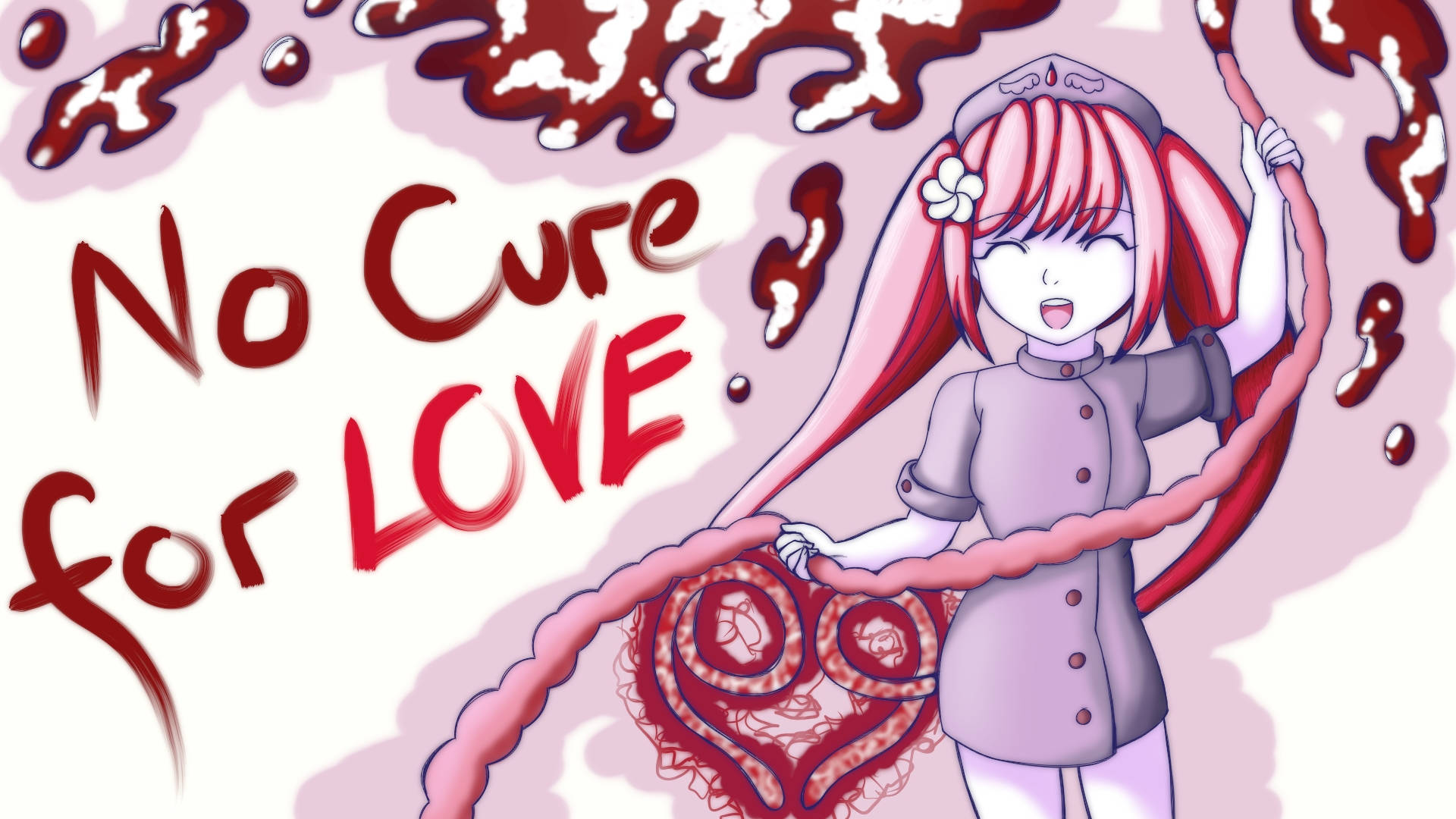 Yandere 桌布 壁紙 — 粉紅色頭髮的動漫女孩拿著心形繩子，紅色液體滴落在粗體文字「No Cure for LOVE」周圍。