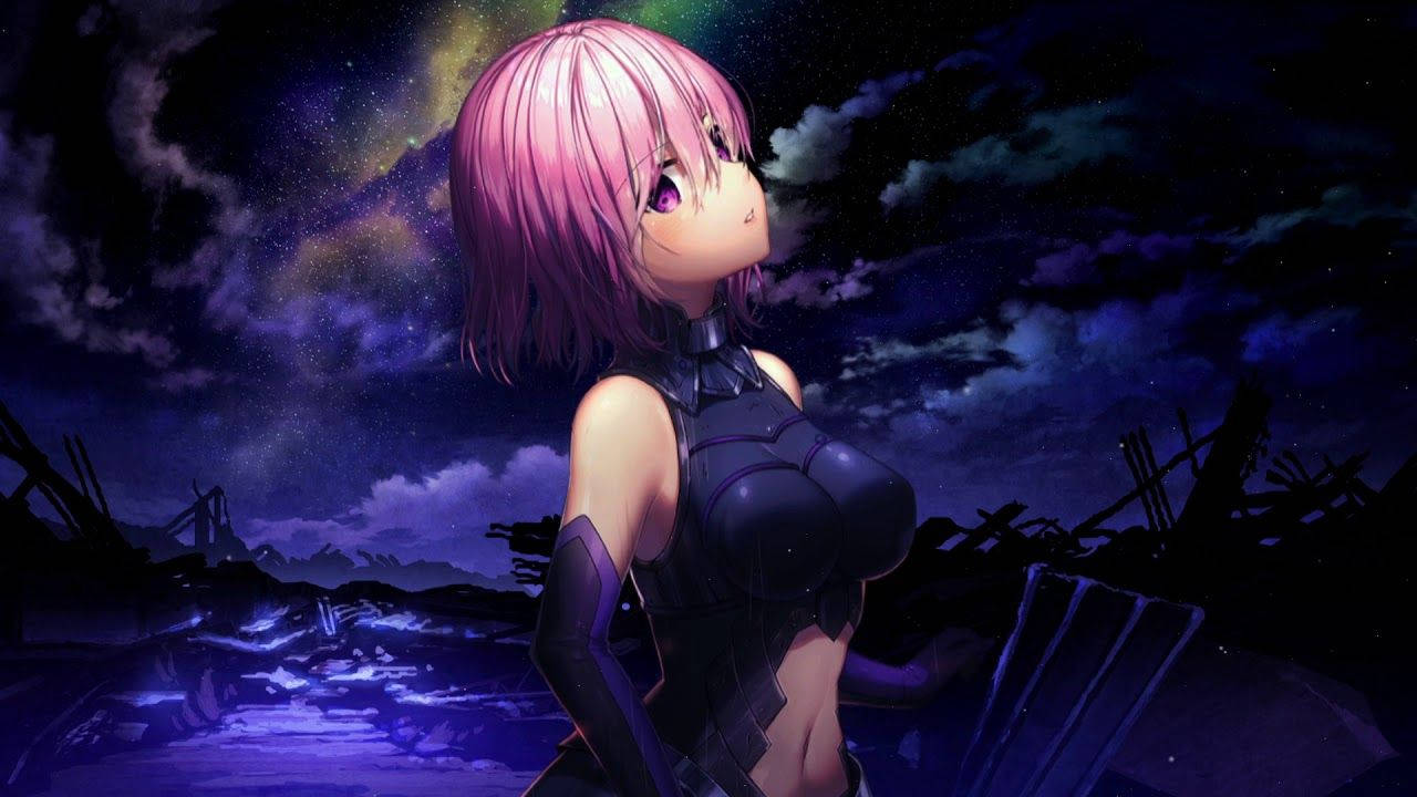 Fate 桌布 壁紙 — 粉紅色頭髮的動漫女孩穿著暗色盔甲，站在星空紫色夜空下的廢墟中。