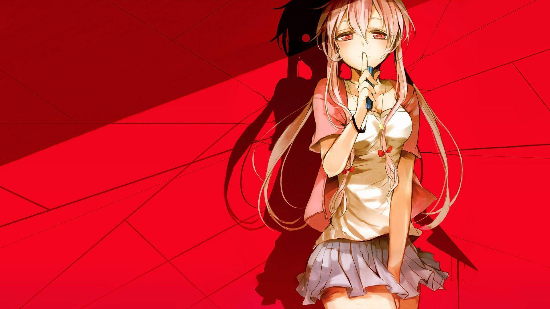Yuno 桌布 壁紙 — 粉紅色頭髮的動漫女孩穿著校服，在鮮紅色的幾何背景前將手指放在嘴唇上。