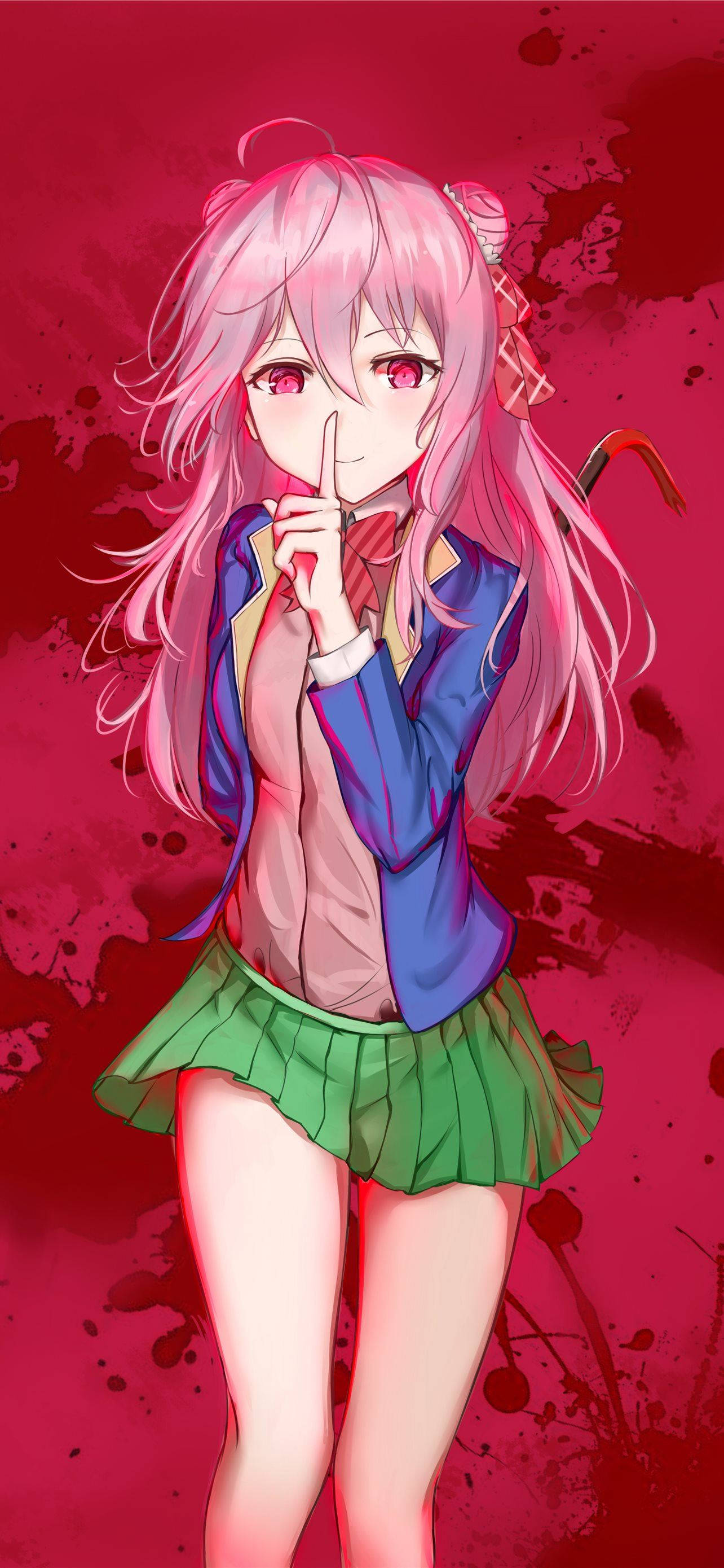 life 桌布 壁紙 — 粉紅色頭髮的動漫女孩穿著校服，在紅色飛濺背景上將手指放在嘴唇上。