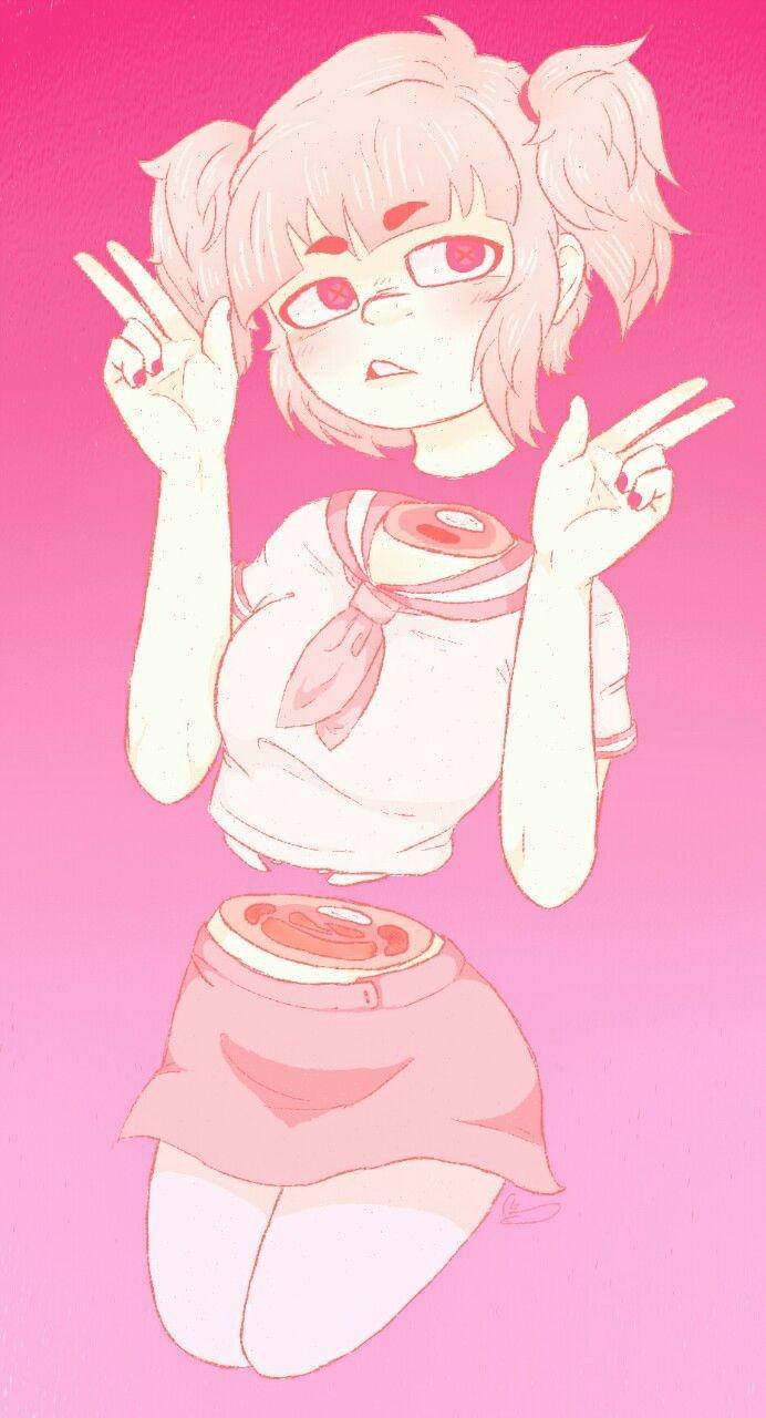 動漫女孩 桌布 壁紙 — 粉紅色頭髮的動漫女孩穿著水手服，在純粉紅色背景上做出和平手勢。