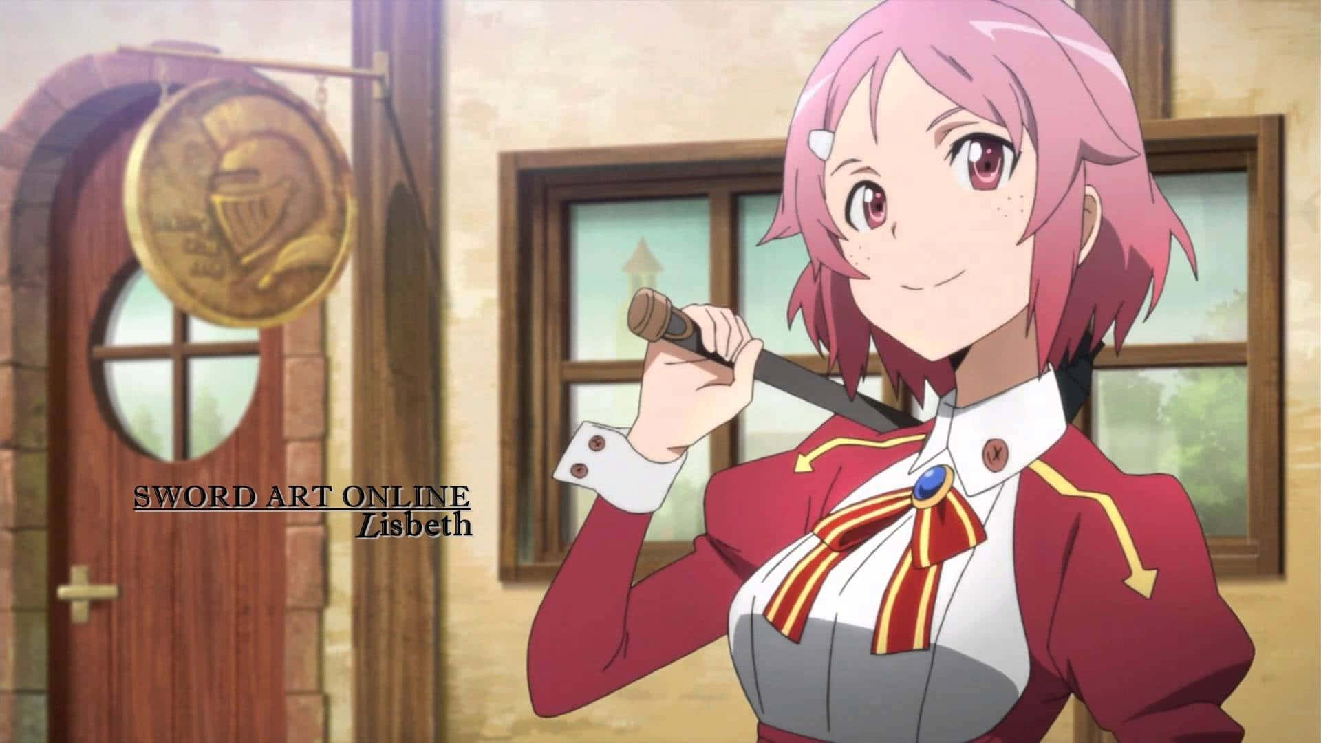 Sword Art Online Lisbeth 桌布 壁紙 — 粉紅色頭髮的動漫女孩穿著紅色制服，在帶有金色紋章的木門附近持劍。