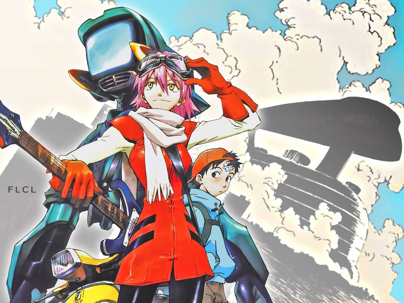 Flcl 桌布 壁紙 — 粉紅色頭髮的動漫女孩穿著紅色外套和護目鏡，拿著吉他，站在戴帽子的男孩旁邊，背景是陰天和巨型機器人剪影。