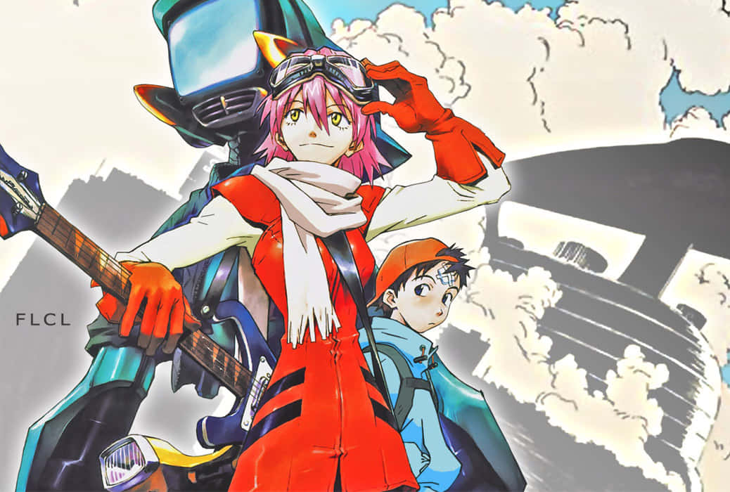 FLCL 桌布 壁紙 — 粉紅色頭髮的動漫女孩穿著紅色外套和護目鏡，拿著吉他，機器人站在她身後，背景是陰天。