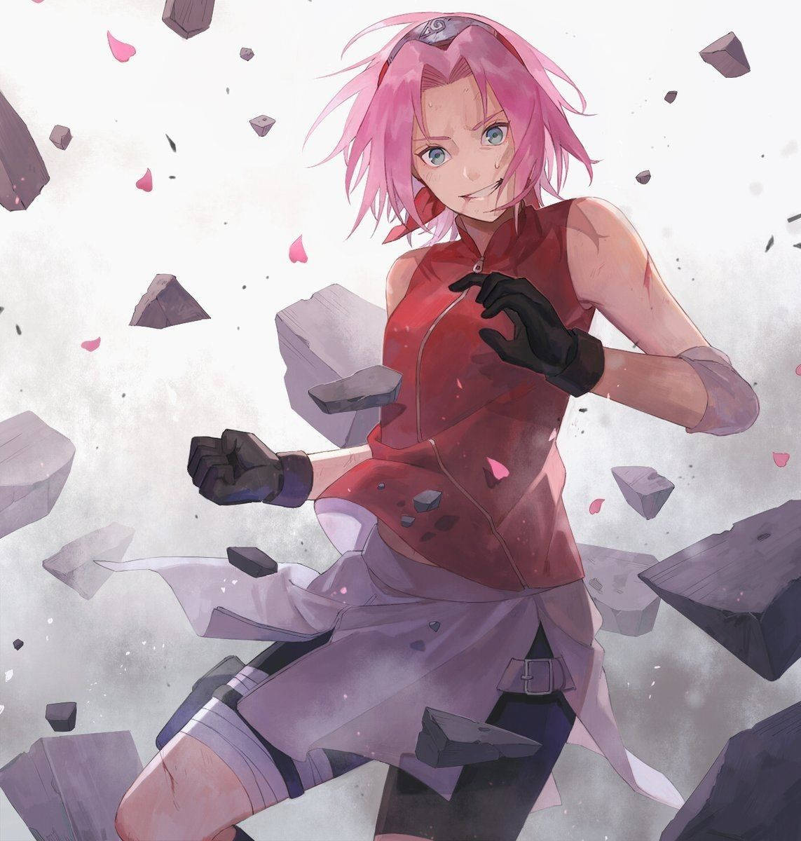 Sakura 桌布 壁紙 — 粉紅色頭髮的動漫女孩穿著紅色背心和紫色褲子，在飛舞的石頭碎片和花瓣中微笑。