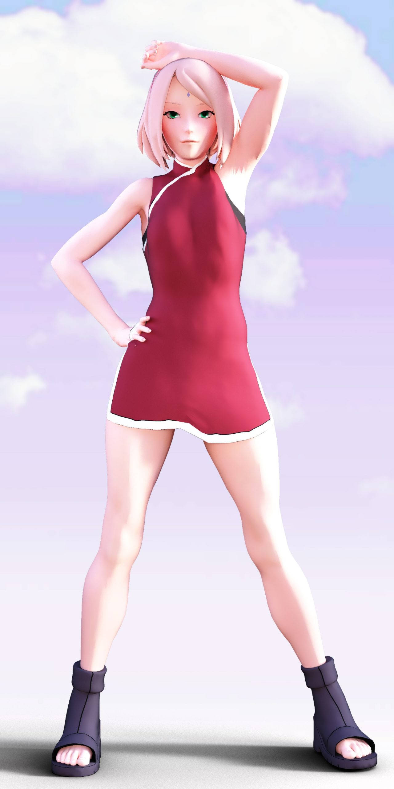 Sakura Haruno 桌布 壁紙 — 粉紅色頭髮的動漫女孩穿著紅色連衣裙，在柔和的粉彩天空和蓬鬆的雲朵背景下自信地擺姿勢。