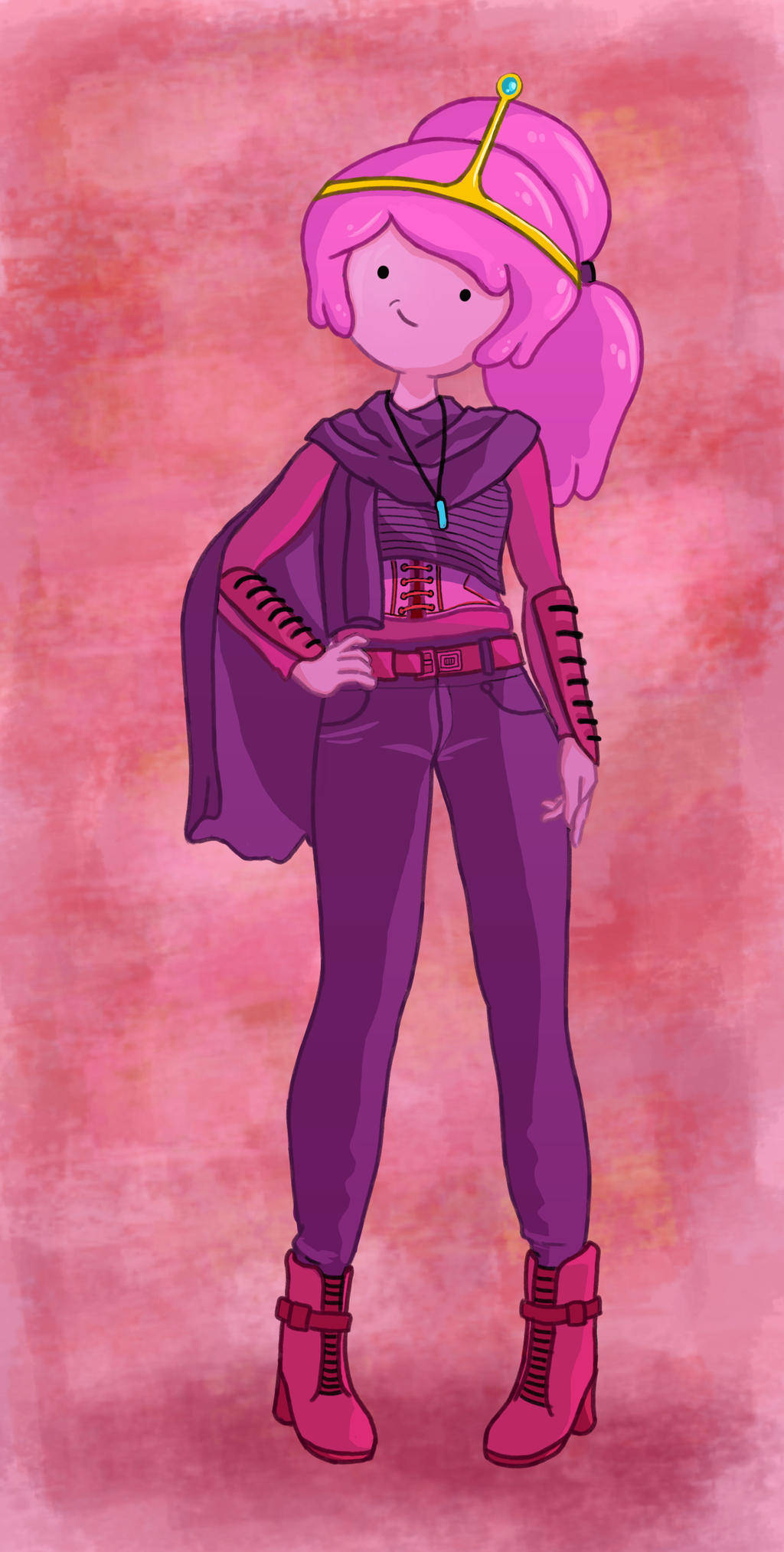 Princess 桌布 壁紙 — 粉紅色頭髮的動漫女孩穿著紫色服裝和皇冠，自信地站在有紋理的粉紅色背景前。