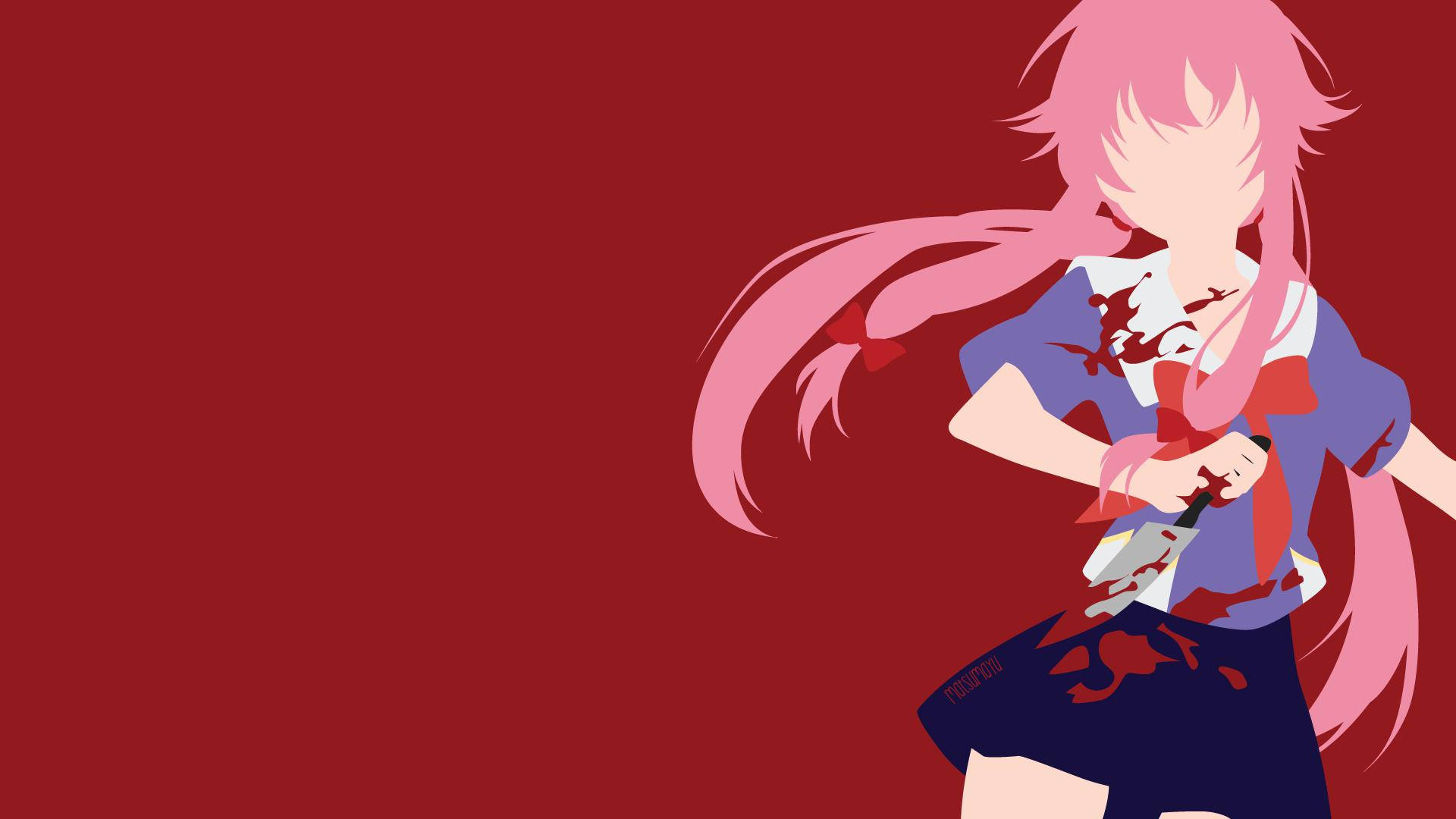 Yuno 桌布 壁紙 — 粉紅色頭髮的動漫女學生穿著校服，在深紅色背景前拿著一把沾血的刀。
