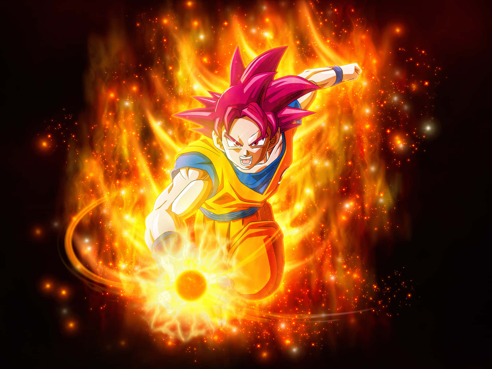 Dragon Ball Z Characters 桌布 壁紙 — 粉紅色頭髮的動漫戰士在黑暗的宇宙背景下將熾熱的能量匯聚成發光的球體。
