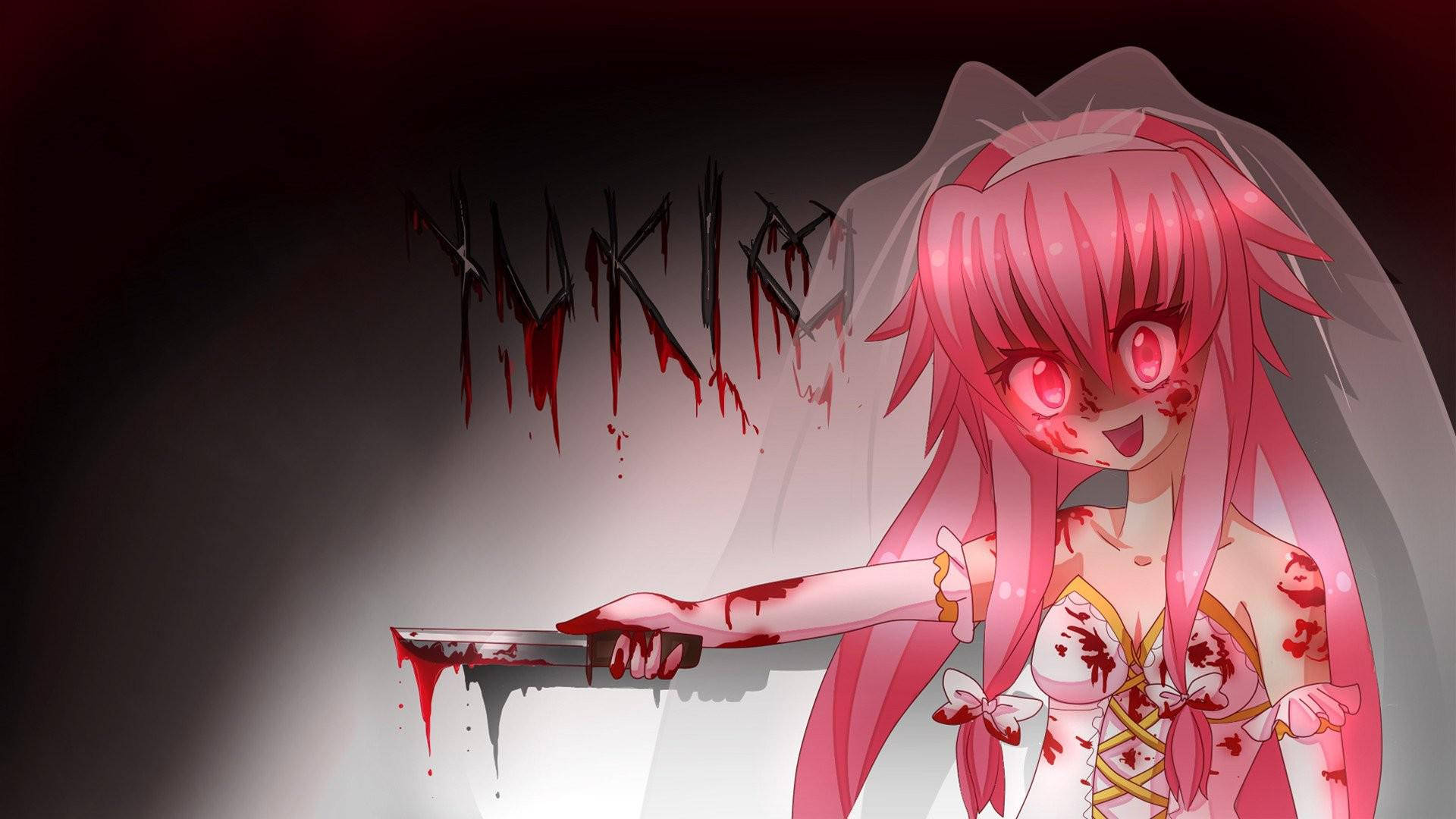Yuno 桌布 壁紙 — 粉紅色頭髮的動漫新娘，紅色眼睛，手持血淋淋的刀，背景黑暗，有滴血文字。