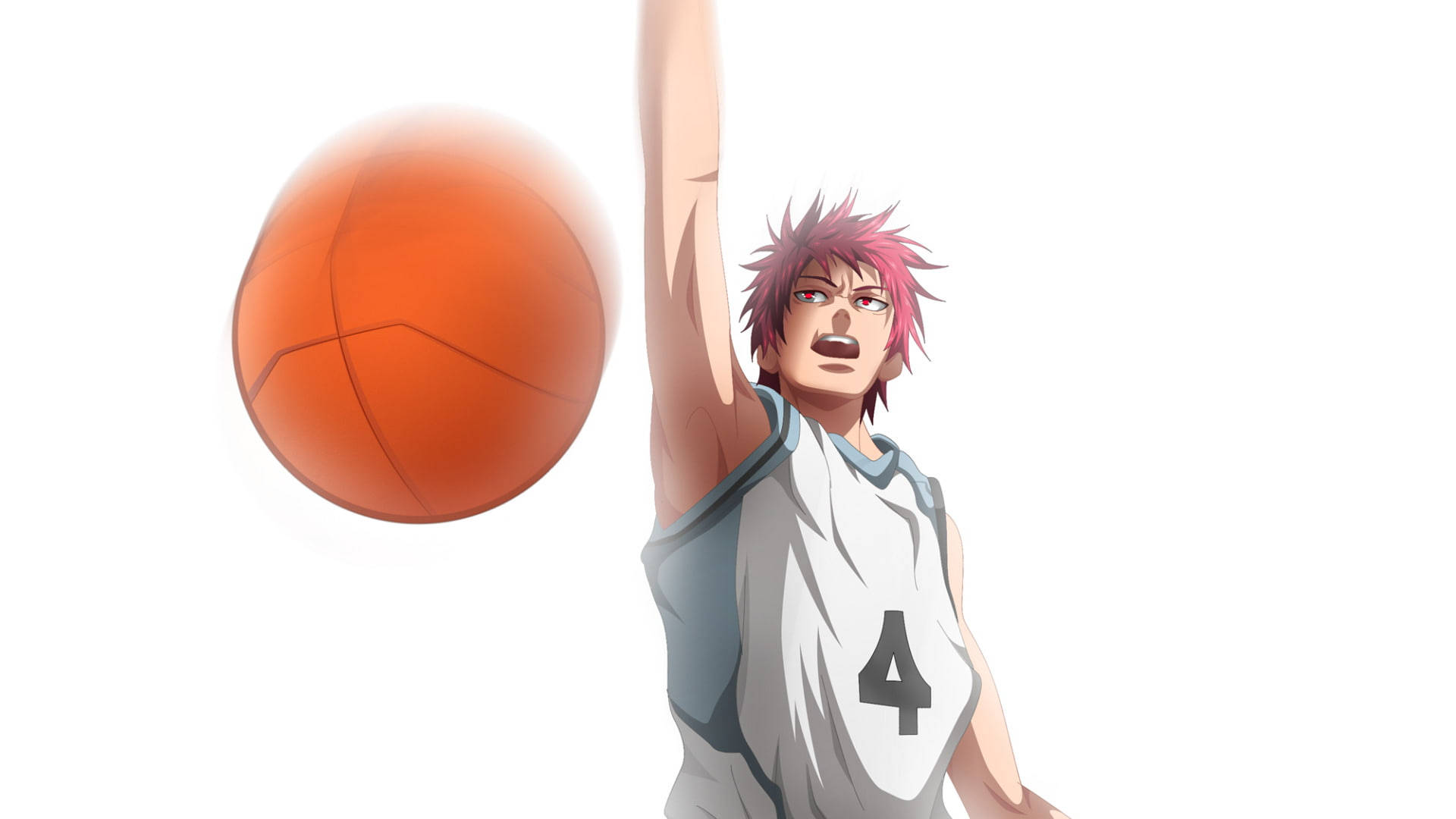 Kuroko No Basket 桌布 壁紙 — 粉紅色頭髮的動漫籃球運動員跳起投擲橙色球，背景為純白色。