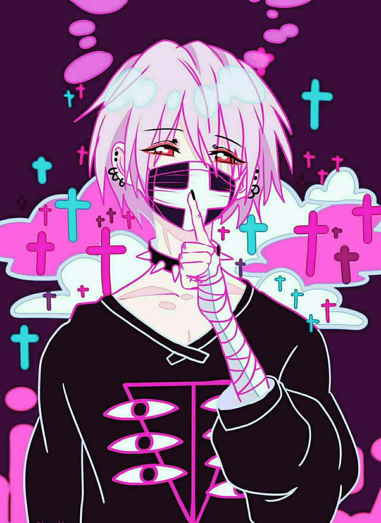 動漫男孩 桌布 壁紙 — 粉紅色頭髮的動漫角色，戴著面具和繃帶手臂，將手指放在嘴唇上，背景是超現實的十字架和雲朵。