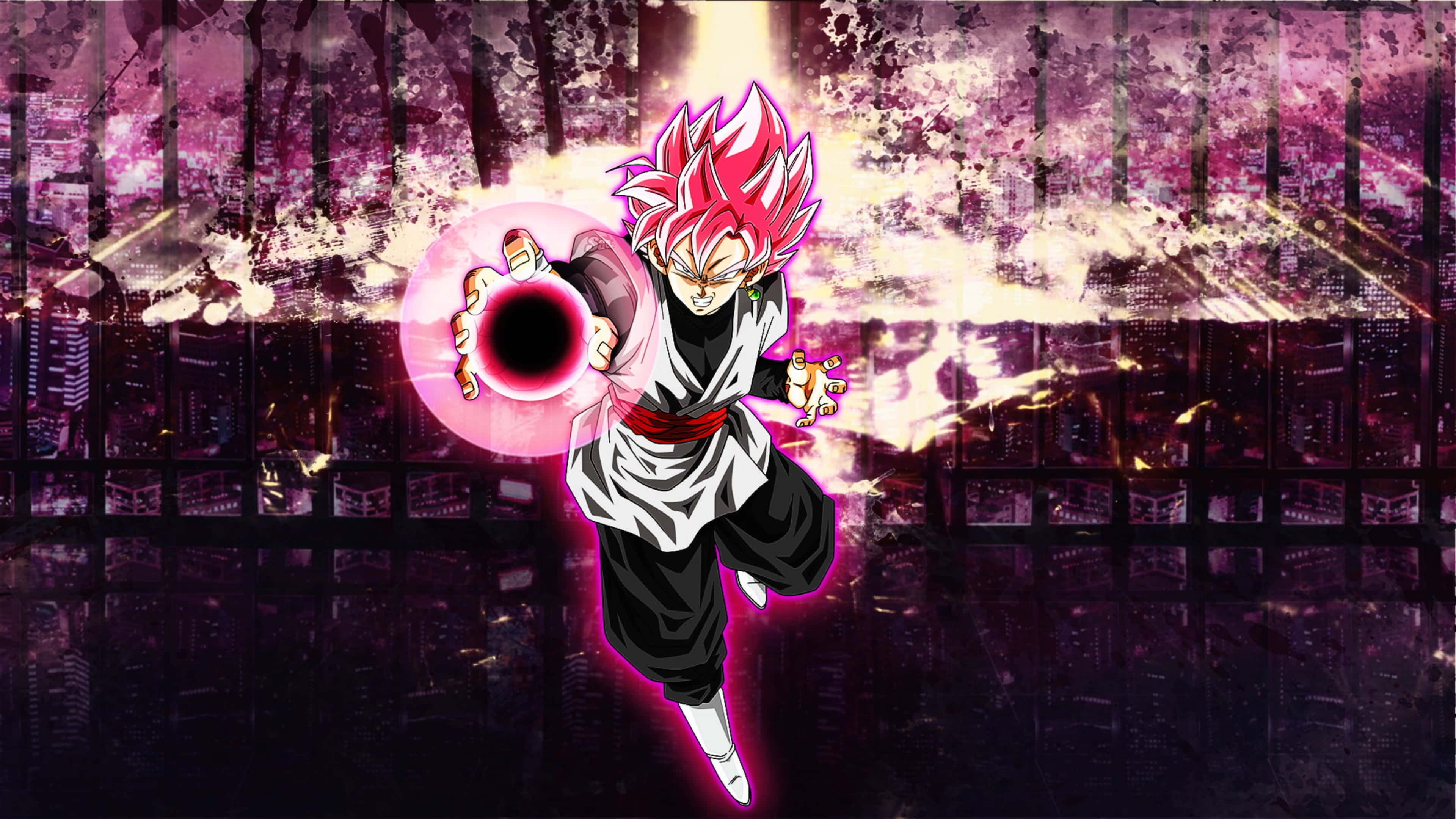 Goku Black 4K 桌布 壁紙 — 粉紅色頭髮的動漫角色懸浮在半空中，揮舞著發光的黑色能量球，面對破碎的紫色城市景觀。