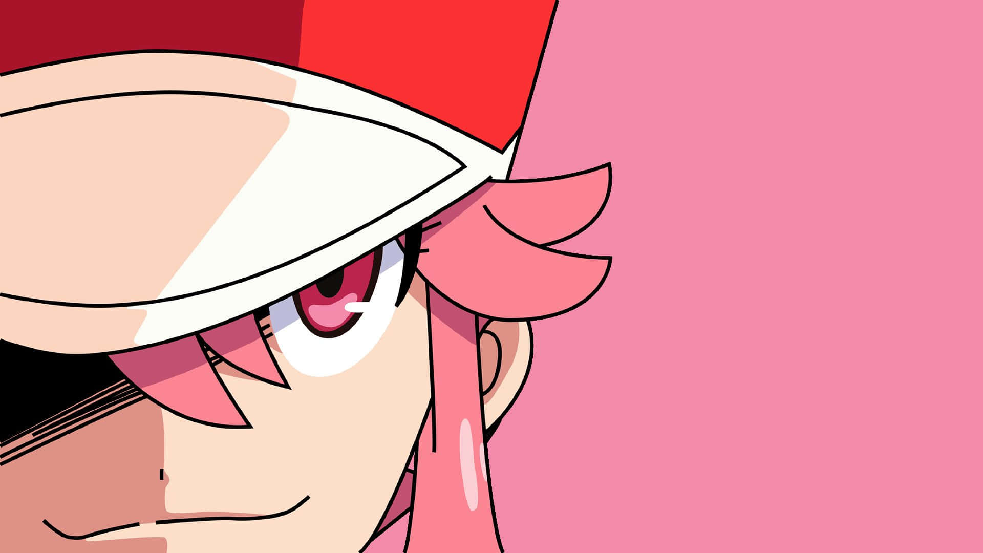 Nonon Jakuzure 桌布 壁紙 — 粉紅色頭髮的動漫角色特寫，戴著紅白相間的帽子，在純粉紅色背景上強烈地側視。