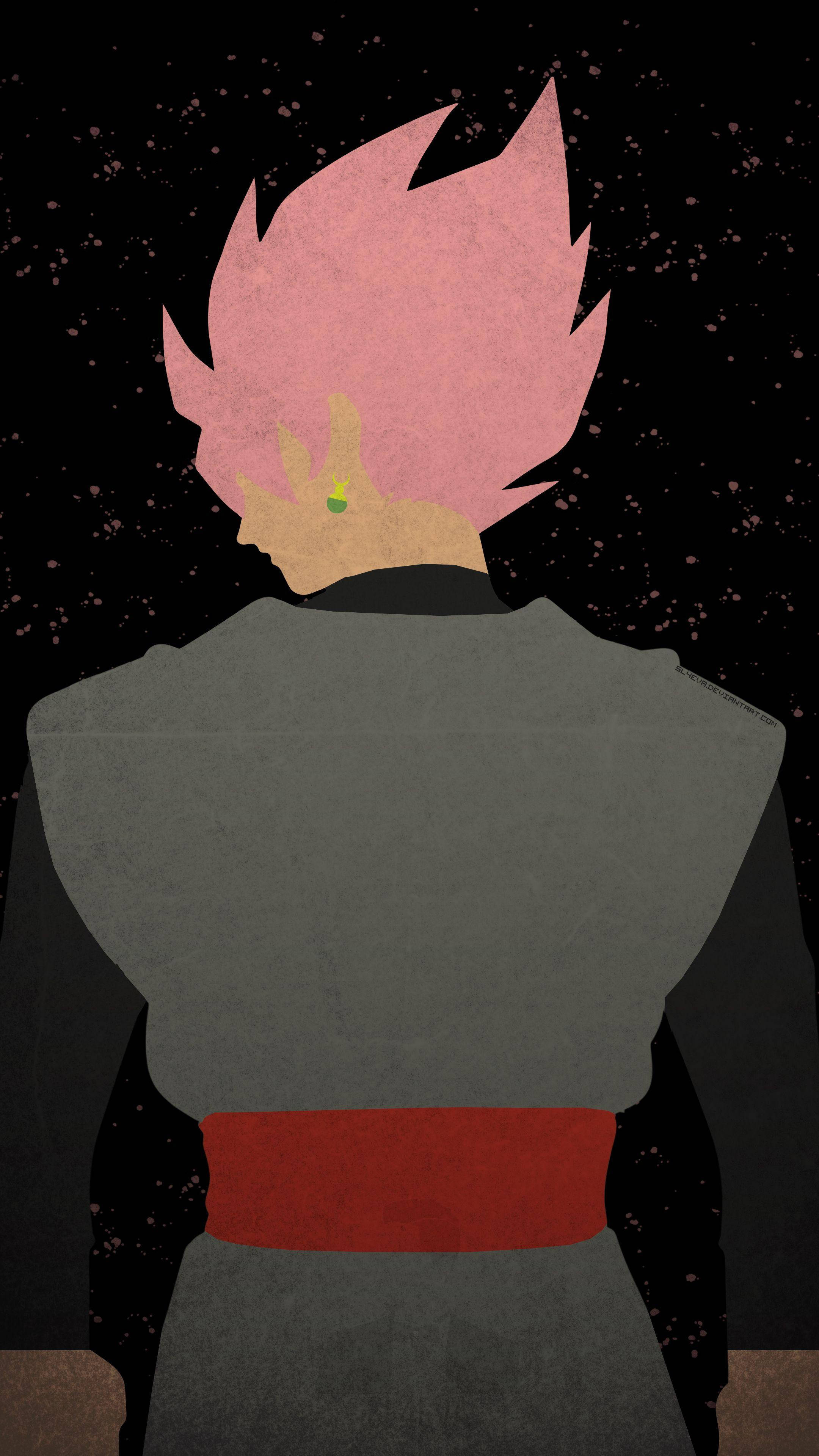 goku black iPhone 桌布 壁紙 — 粉紅色頭髮的動漫角色穿著深色盔甲和紅色腰帶，背對星空夜景。