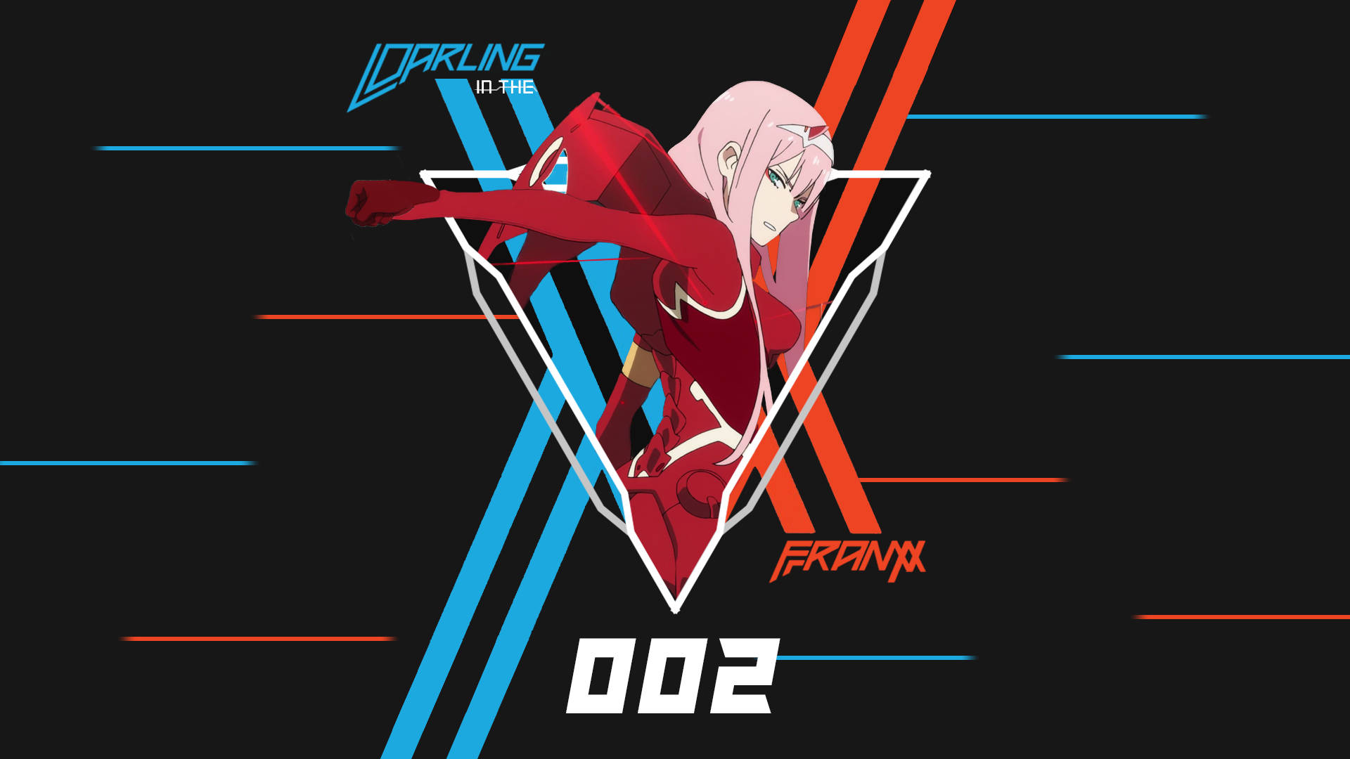 DARLING in the FRANXX 桌布 壁紙 — 粉紅色頭髮的動漫角色穿著紅色西裝，在幾何V形框架內動態擺姿勢，背景為深色，帶有藍色和橙色線條。