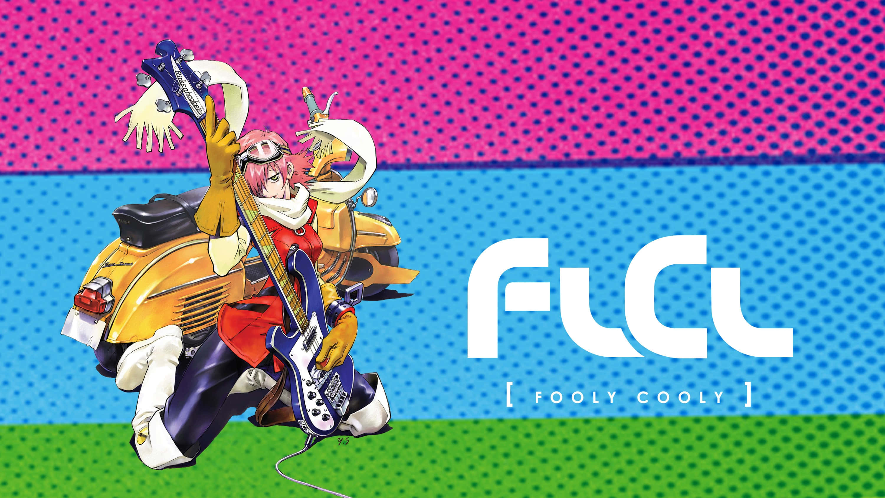 FLCL 桌布 壁紙 — 粉紅色頭髮的動漫角色騎著黃色滑板車，同時彈奏藍色電吉他，背景是充滿活力的粉紅色、藍色和綠色。