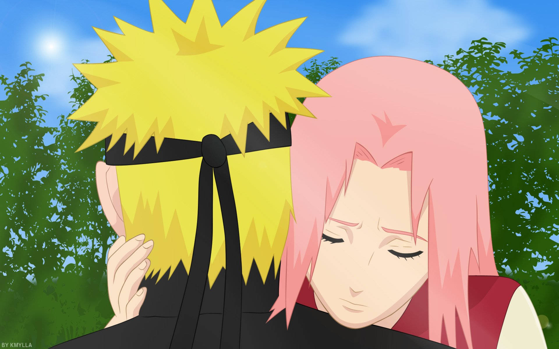 Sakura 桌布 壁紙 — 粉紅色頭髮的動畫女孩閉著眼睛，在明亮的藍天下將頭靠在金髮男孩的肩膀上。