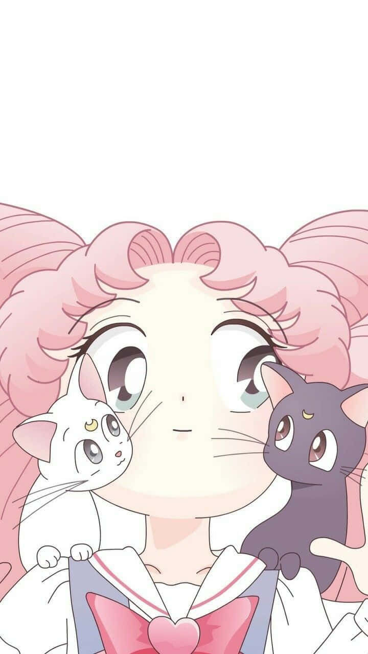 桌布 壁紙 — 粉紅色頭髮的水手服動畫女孩微笑著，兩隻貓咪棲息在她的肩膀上。