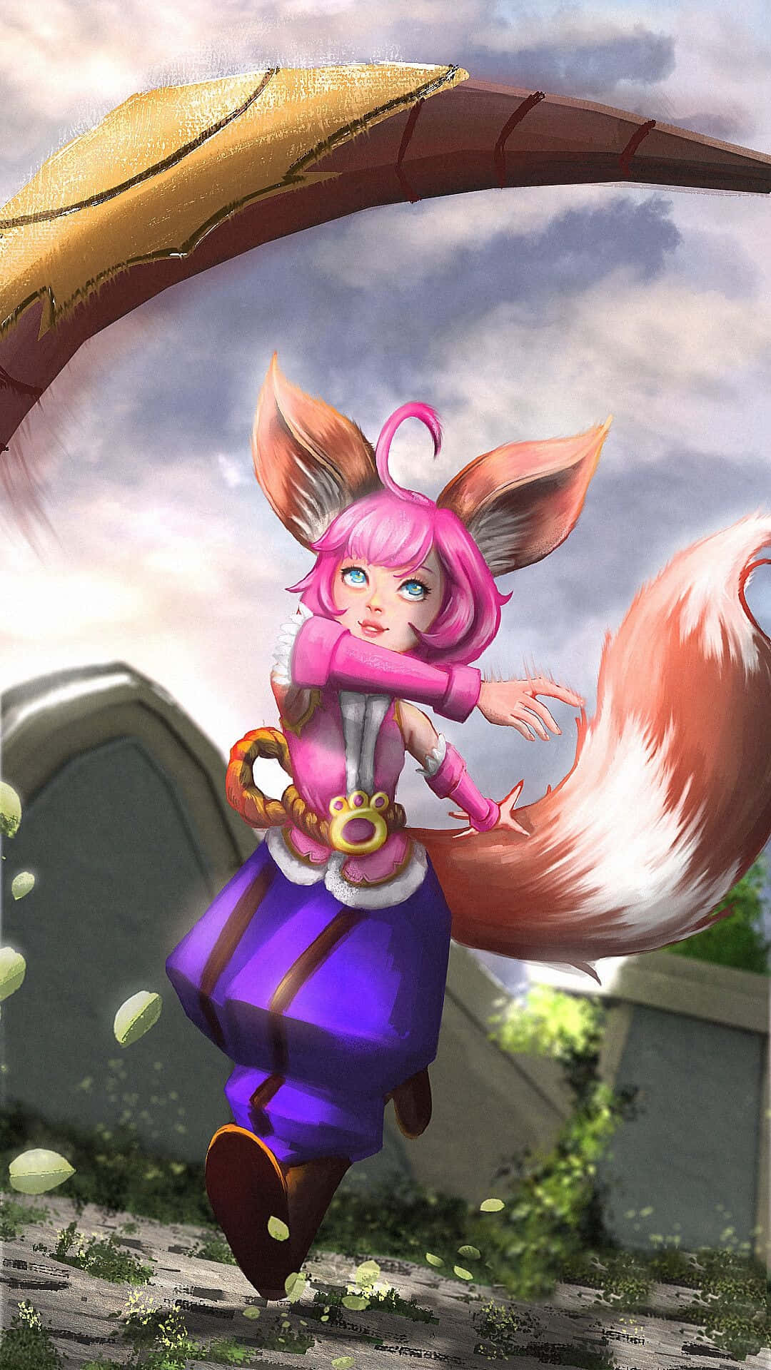 Mobile Legends 動態圖 桌布 壁紙 — 粉紅色頭髮的狐狸女孩穿著紫色褲子，在陰天背景下，手持一把巨大的彎刀在空中跳躍。