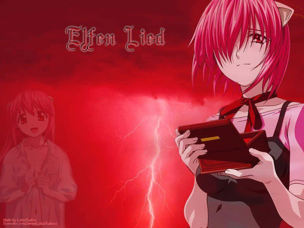 Elfen Lied 桌布 壁紙 — 粉紅色頭髮的貓耳動漫女孩，在雷電交加、身後有幽靈般身影的暴風雨紅色天空下，拿著一個紅色盒子。